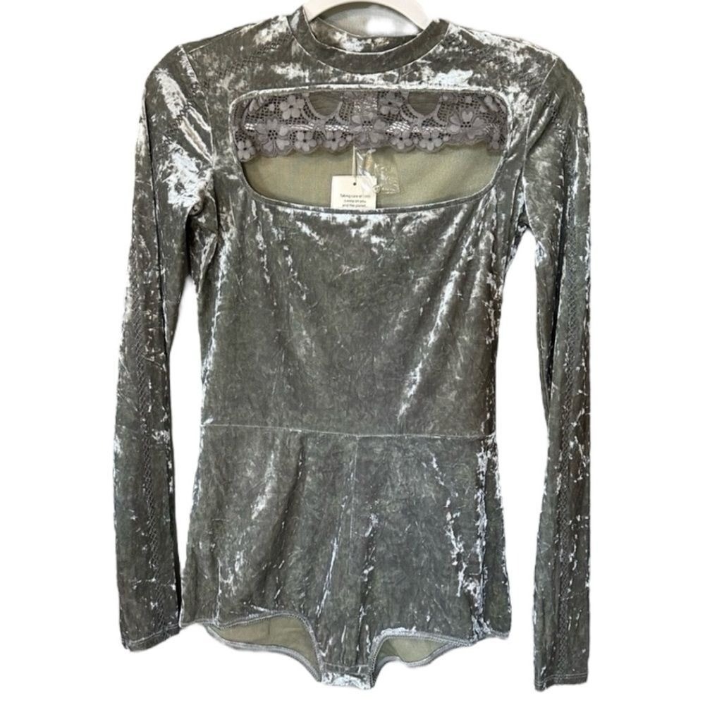 HAH Cutout Velvet Bodysuit Romper Gray Lace Trim Rave Baddie Club Playsuit M NWT